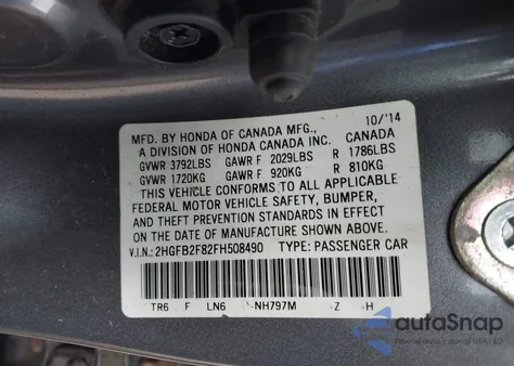 2015 Honda Civic Ex from USA, damaged, VIN 2HGFB2F82FH508490
